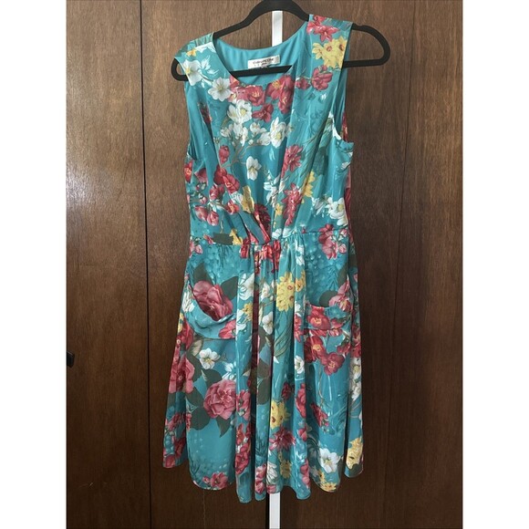 Evan Picone Lined Side Zip Dress Floral Teal Pockets Gathered Waist Size 14 - Picture 4 of 10